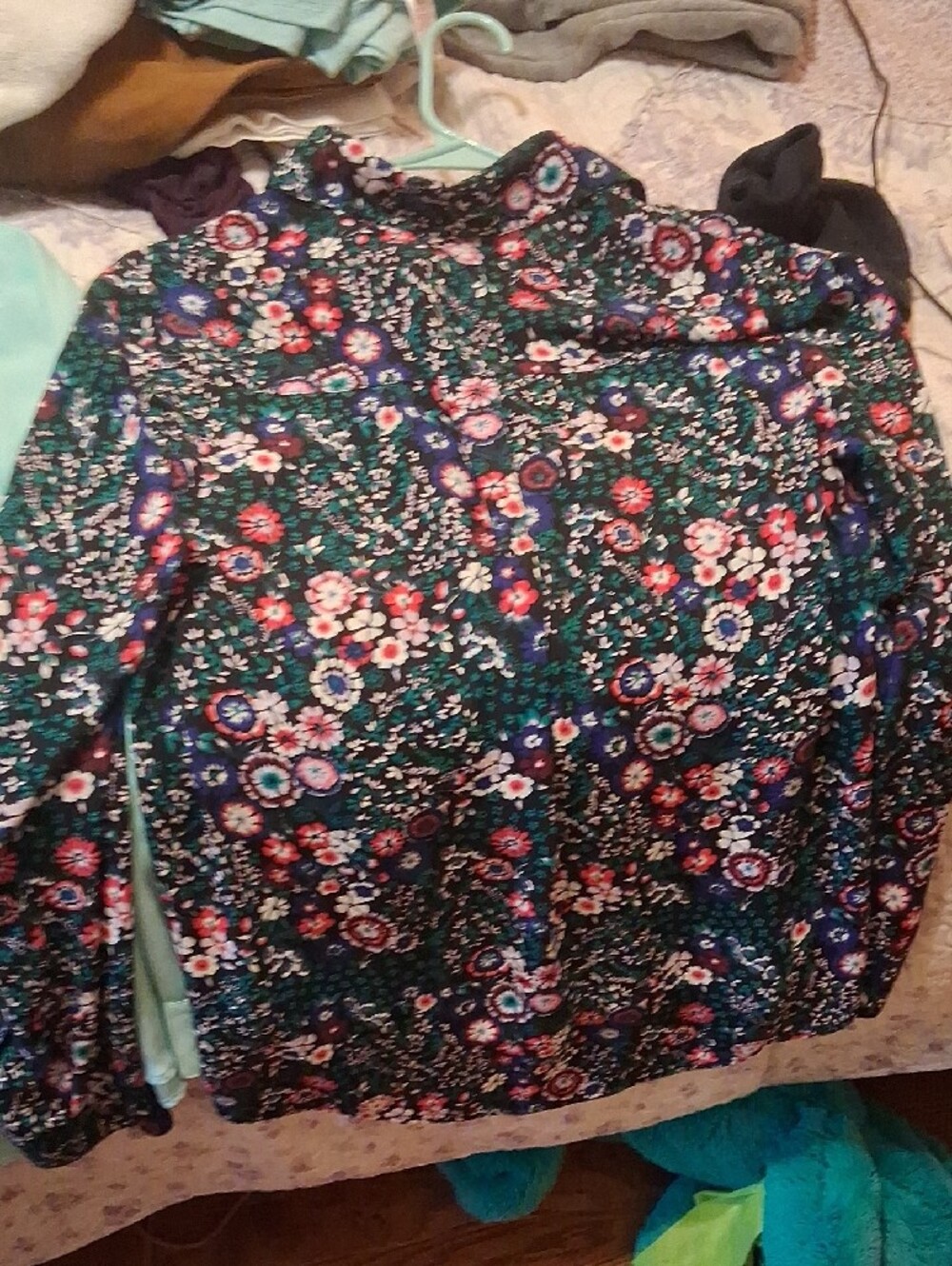 Express Floral Portofino Button-Down Shirt in Navy with Pink & Teal Flowers - Picture 3 of 3
